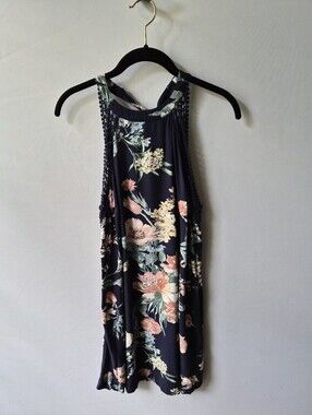 Juniors EYESHADOW Navy Floral Halter Mini Dress with Crochet Trim - Size M - NWO